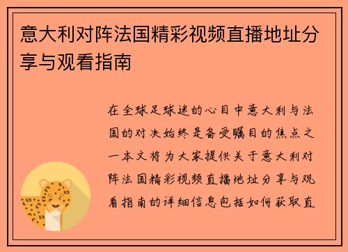 意大利对阵法国精彩视频直播地址分享与观看指南